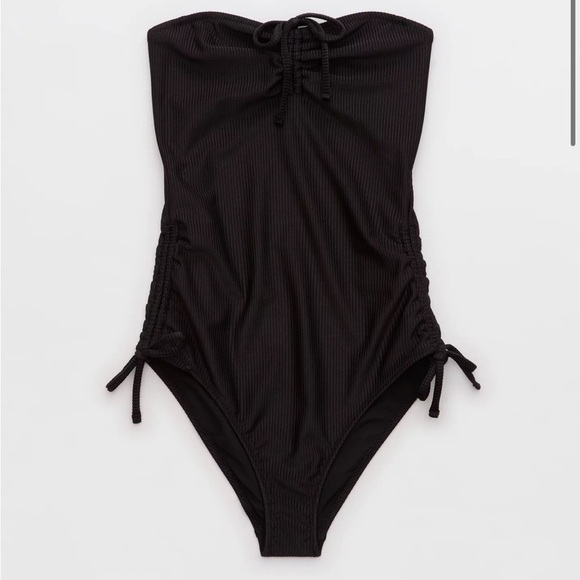 Aerie Shine Rib Strapless Cheeky One Piece Swimsuit Black NWT - Picture 1 of 6